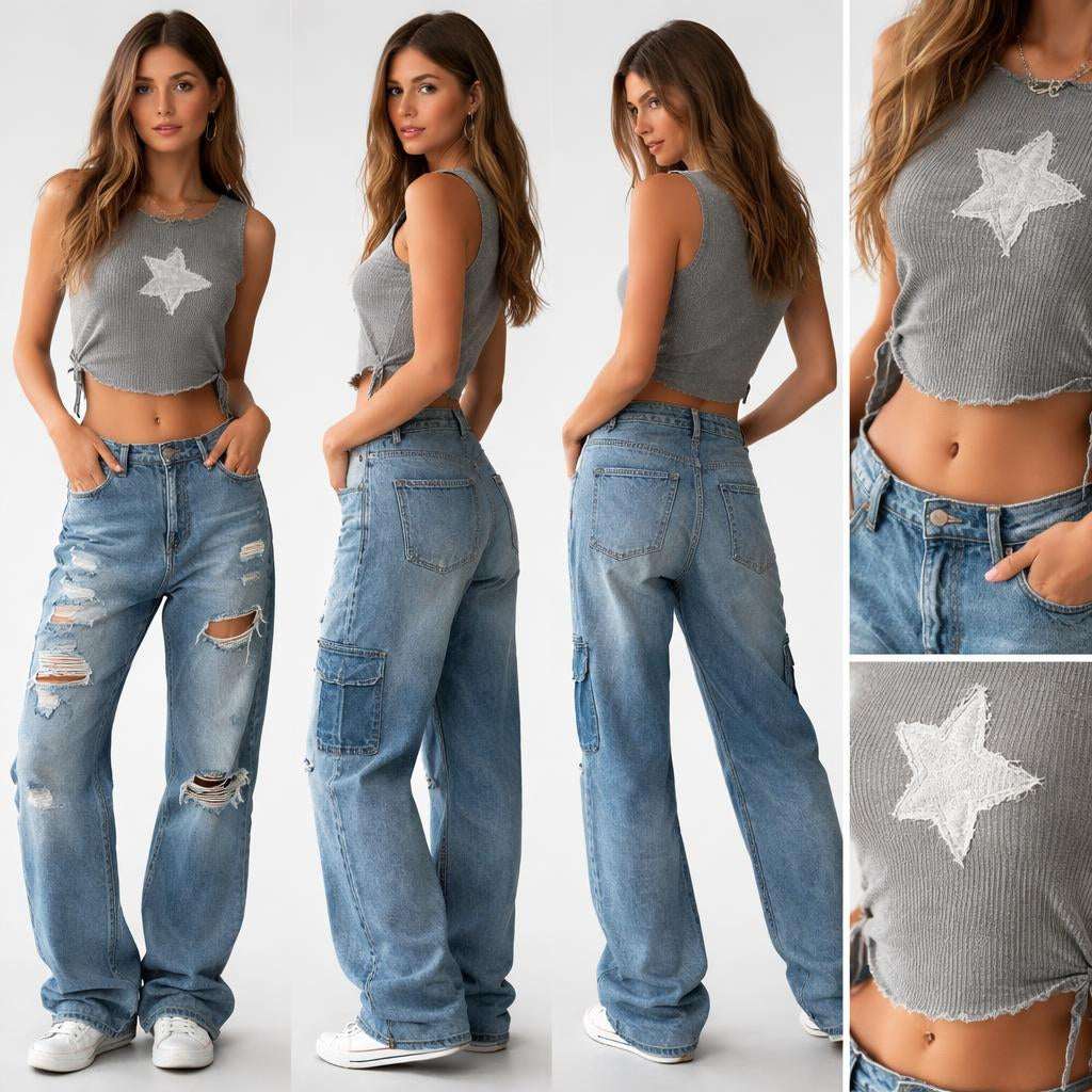 Baggy blue jeans cuted