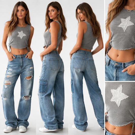 Baggy blue jeans cuted