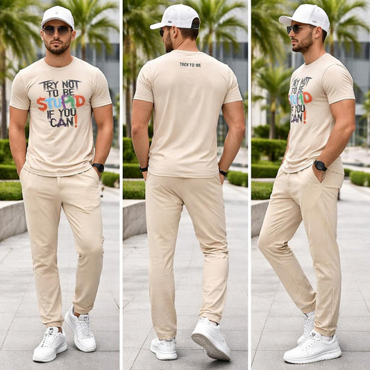 Beige Pant with writing T shirt set