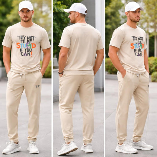 Beige Pant with writing T shirt set